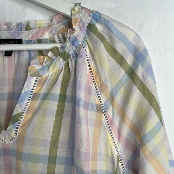 Talbots Size M Ruffle Tunic Top Rainbow Plaid Lightweight Ladder Trim Split Neck - Picture 7 of 13